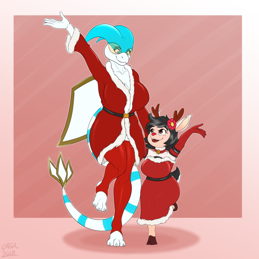 2018 antennae anthro antlers bell belt big_breasts black_hair breasts c-fed cervine christmas cleavage clothed clothing coat collar deerling dragon dress female flora_fauna flower fluffy_ears flygon fur gloves hair holidays hooves horae_deerling horn huge_breasts invalid_tag legwear mammal nintendo plant pok&eacute;mon pok&eacute;mon_(species) pok&eacute;morph red_nose scalie short_stack skyla_the_flygon stare stockings video_games voluptuous white_skin wings winter_deerling