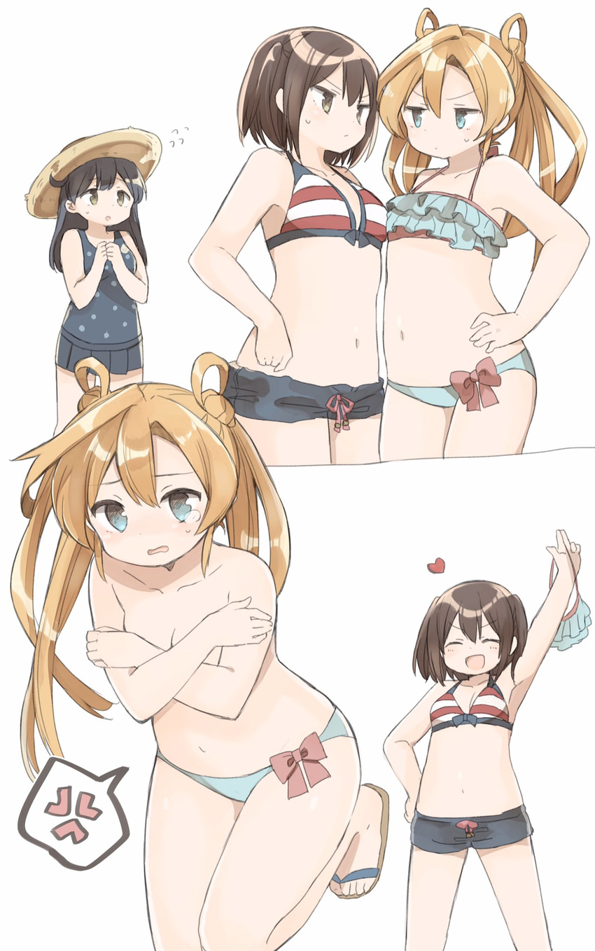 :/ :d ^_^ abukuma_(kantai_collection) anger_vein arm_up assisted_exposure asymmetrical_docking bikini bikini_top_removed black_eyes black_hair blue_bikini blue_shirt blue_skirt blush bow breast_press breasts brown_eyes brown_hair clenched_hands closed_eyes closed_mouth clothes_theft collarbone covering covering_breasts crossed_arms embarrassed eyebrows eyebrows_visible_through_hair flying_sweatdrops frilled_bikini frills hair_between_eyes hand_on_hip hat head_tilt heart highres holding_bikini_top humiliation kantai_collection long_hair looking_at_another medium_breasts multiple_girls murakami_meishi navel nose_blush one-piece_swimsuit open_mouth own_hands_together pleated_skirt polka_dot polka_dot_swimsuit red_bow sandals sendai_(kantai_collection) shirt short_hair short_shorts shorts skirt smile spoken_anger_vein standing straw_hat striped_bikini_top sweatdrop swimsuit swimsuit_theft tank_top tears theft topless two_side_up ushio_(kantai_collection) v-shaped_eyebrows white_background