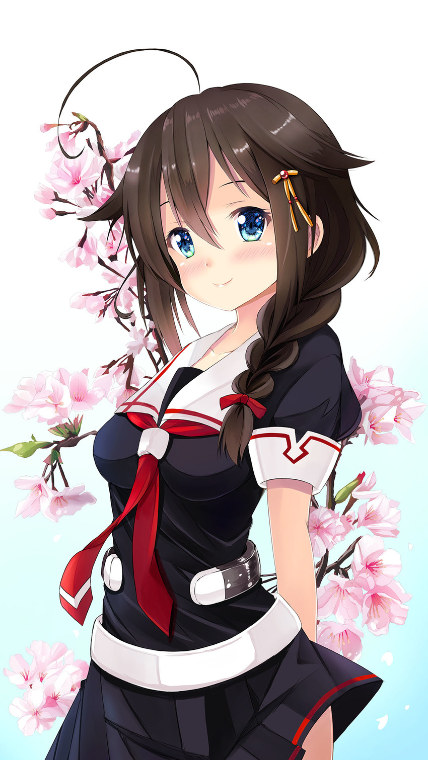 ahoge black_hair blue_eyes blush braid breasts cherry_blossoms commentary flower hair_flaps hair_ornament hair_over_shoulder hair_ribbon highres kantai_collection long_hair looking_at_viewer md5_mismatch medium_breasts neckerchief pink_flower red_neckwear red_ribbon remodel_(kantai_collection) ribbon school_uniform serafuku shigure_(kantai_collection) single_braid smile solo suzuta_yume