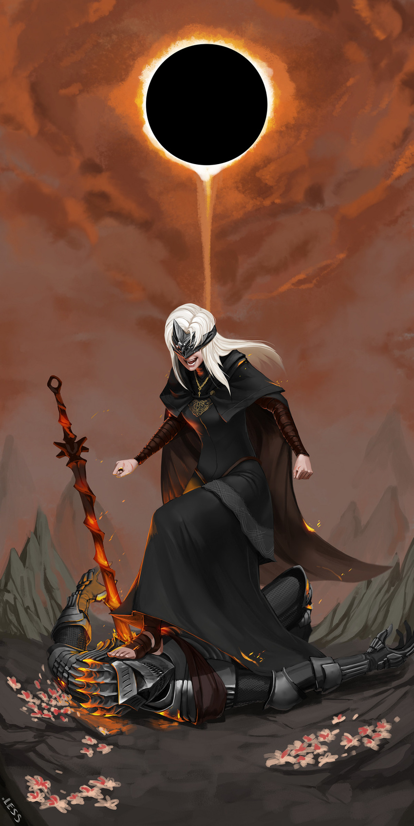 angry arm_wrap armor artist_name black_skirt blonde_hair cape capelet clenched_hands cloud cloudy_sky cross cross_necklace dark_souls_iii defeat eclipse embers fire_keeper foot_on_head full_armor gauntlets girl_on_top glowing glowing_sword glowing_weapon helm helmet highres impaled jewelry knight less long_skirt lying mask mountain necklace no_shoes on_back on_ground open_mouth orange_sky outdoors shoulder_armor skirt sky solar_eclipse soul_of_cinder souls_(from_software) spaulders standing stepped_on sword teeth toes wasteland weapon white_hair