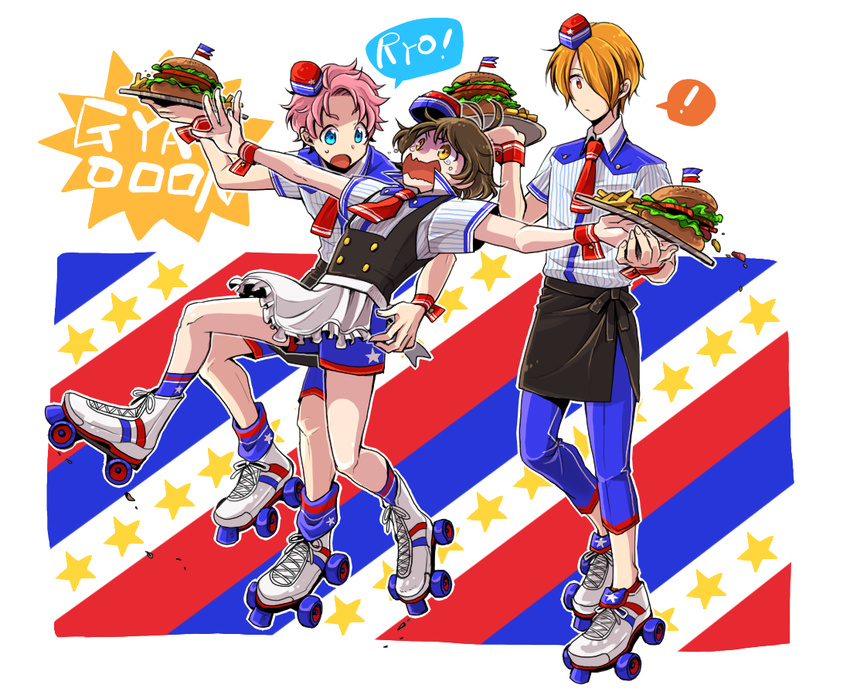 3boys akizuki_ryou alternate_costume antenna_hair apron blue_eyes brown_eyes brown_hair burger_skater_(idolmaster) crying crying_with_eyes_open employee_uniform f-lags_(idolmaster) food french_fries frills full_body hair_over_one_eye hamburger idolmaster idolmaster_side-m kabuto_daigo kikkou male_focus multiple_boys orange_eyes orange_hair patterned_background pink_hair pinstripe_pattern roller_skates shaded_face shorts skates star striped sweatdrop tears tripping tsukumo_kazuki uniform waist_apron waiter wavy_mouth wrist_cuffs