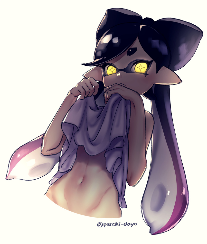 1girl aori_(splatoon) casual cropped_torso domino_mask glowing glowing_eyes highres long_hair looking_at_viewer mask mole mole_under_eye navel pointy_ears puchiman shirt shirt_lift solo splatoon_(series) splatoon_1 tentacle_hair twitter_username upper_body white_background white_shirt yellow_eyes