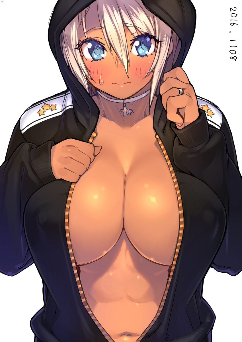 2016 23_(real_xxiii) abs blonde_hair blue_eyes blush breast_suppress breasts choker clenched_hand covered_nipples cross dark-skinned_girl_(23) dark_skin dated highres hood hoodie jewelry large_breasts navel original ring short_hair simple_background solo star sweat unzipped wedding_band white_background