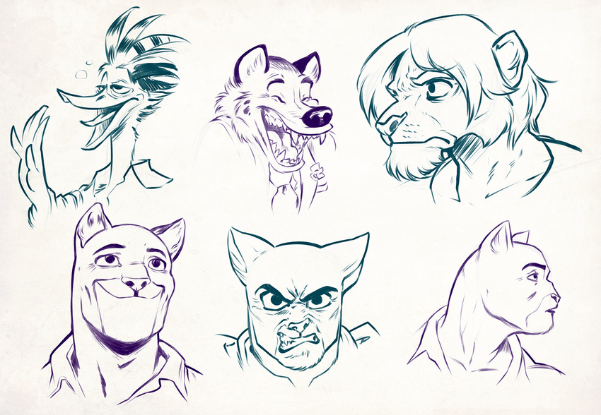 2015 5_fingers angry anthro avian beak bird blacksad cat chad_lowell clothed clothing crest digital_drawing_(artwork) digital_media_(artwork) drunk eyes_closed fangs feline group hair half-closed_eyes hyena john_blacksad laugh lion looking_at_viewer male mammal modem_redpill monochrome multiple_images neal_beato necktie open_mouth shirt simple_background sketch sketch_page smile snarling teeth white_background