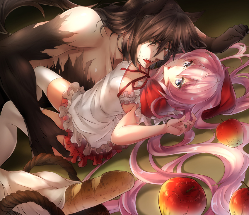 1girl apple basket big_bad_wolf big_bad_wolf_(cosplay) big_bad_wolf_(grimm) black_hair blue_eyes bread cosplay couple dies_irae food frilled_skirt frills fruit goetz_von_berlichingen halloween hetero highres little_red_riding_hood little_red_riding_hood_(grimm) little_red_riding_hood_(grimm)_(cosplay) long_hair looking_at_viewer lying mia_(gute-nacht-07) miniskirt on_back pink_hair rusalka_schwagerin skirt