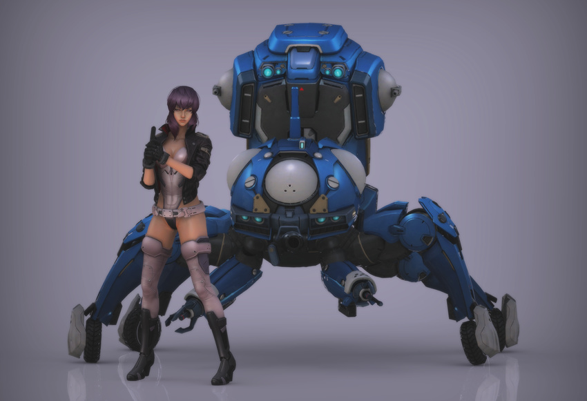 3d armor armored_boots bangs belt beltskirt black_footwear black_gloves black_jacket boots bracer breasts cleavage closed_mouth collarbone cyborg expressionless full_body ghost_in_the_shell ghost_in_the_shell_stand_alone_complex gloves gradient gradient_background grey_legwear gun handgun high_collar high_heel_boots high_heels highleg highleg_leotard highres holding holding_gun holding_weapon jacket kannakei knee_boots kusanagi_motoko leather leather_jacket legs_apart leotard lips looking_at_viewer mecha medium_breasts open_clothes open_jacket pink_eyes purple_hair reflection robot shadow short_hair solo standing tachikoma thighhighs weapon