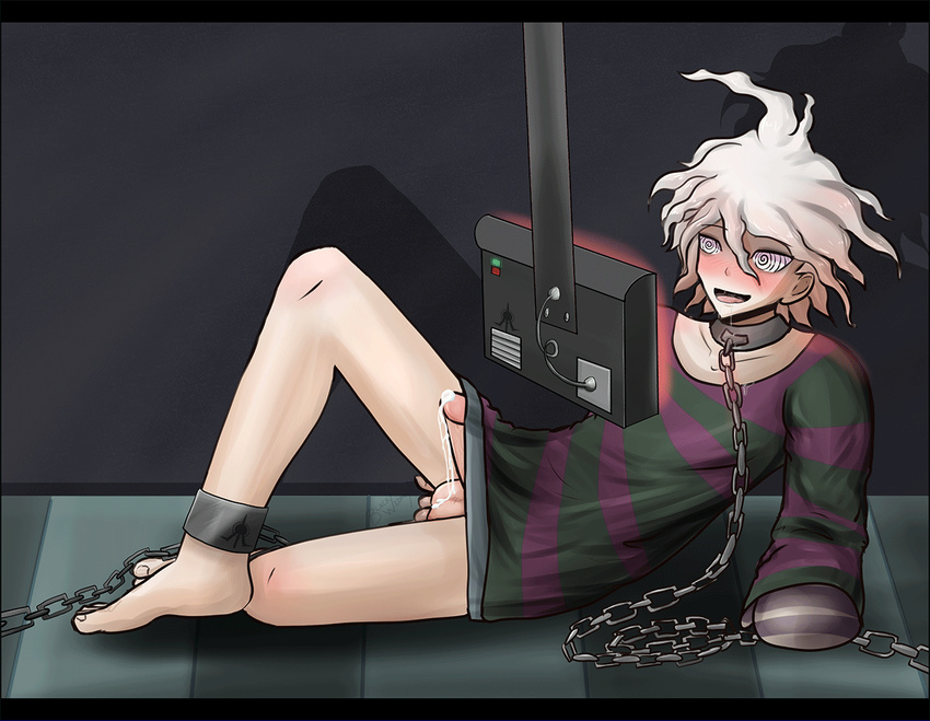 1boy ahegao anal_fingering animated_gif ankle_cuffs barefoot blackwidowx blush bondage bottomless brainwashing chains collar corruption cum danganronpa feet high_res komaeda_nagito leash male_only malesub monitor penis saliva servant_(danganronpa) shackles spiral_eyes tongue_out zettai_zetsubou_shoujo