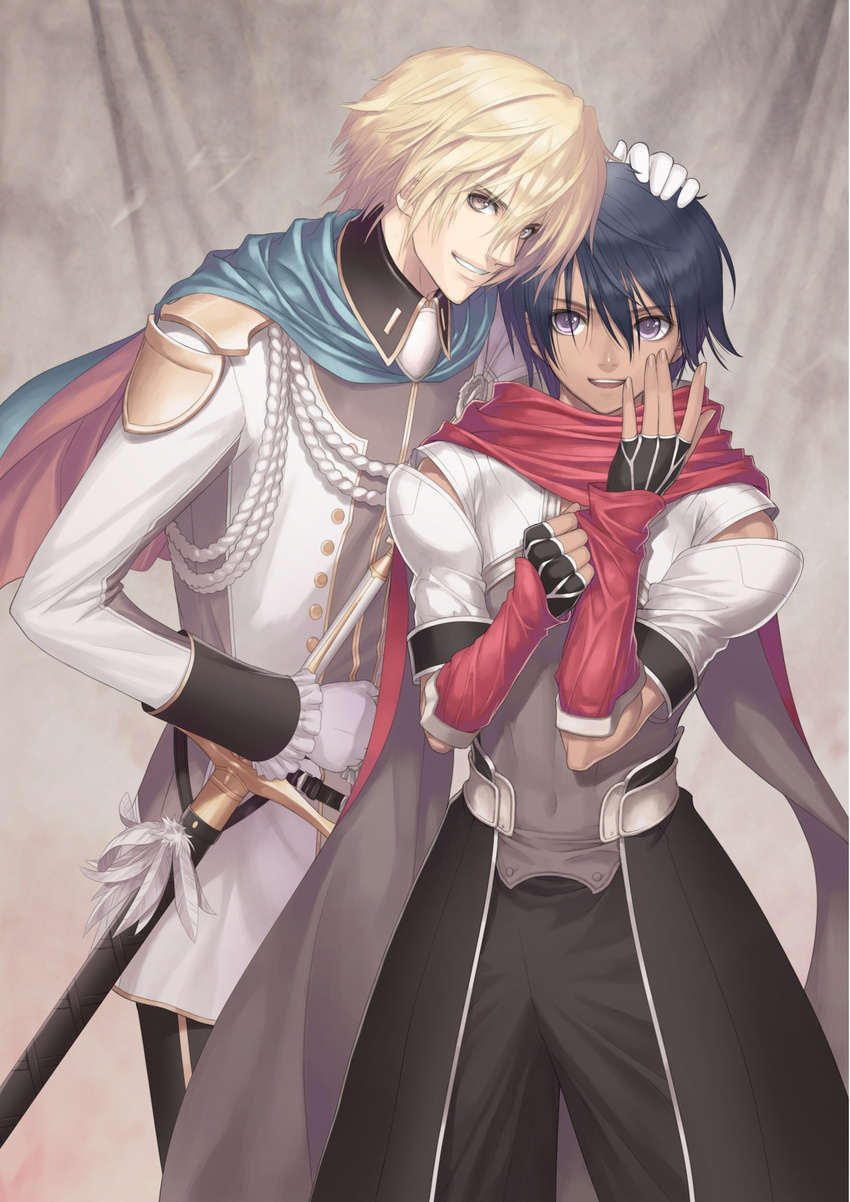 armor black_hair black_pants blade_arcus_from_shining blonde_hair buttons cape clenched_hand clenched_teeth cowboy_shot detached_sleeves eyebrows eyebrows_visible_through_hair feathers fingerless_gloves gloves grey_background hair_between_eyes head_to_head highres looking_at_another looking_at_viewer male_focus multiple_boys official_art out_of_frame pants pauldrons petting purple_eyes ragnus_wyndaria red_scarf rick_elwood rope scarf shining_(series) shining_hearts shirt short_hair smile standing sword sword_hilt tanaka_takayuki teeth weapon white_gloves wrist_cuffs yellow_eyes
