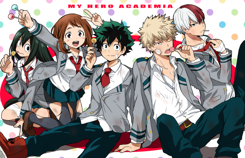 3boys asui_tsuyu bakugou_katsuki bandaid black_eyes black_hair blonde_hair boku_no_hero_academia brown_hair bruise burn_scar candy chupa_chups food freckles green_hair injury kurot lollipop long_hair midoriya_izuku multicolored_hair multiple_boys multiple_girls official_style pantyhose red_hair scar school_uniform short_hair spiked_hair todoroki_shouto tongue torn_clothes torn_legwear two-tone_hair u.a._school_uniform uraraka_ochako v white_hair