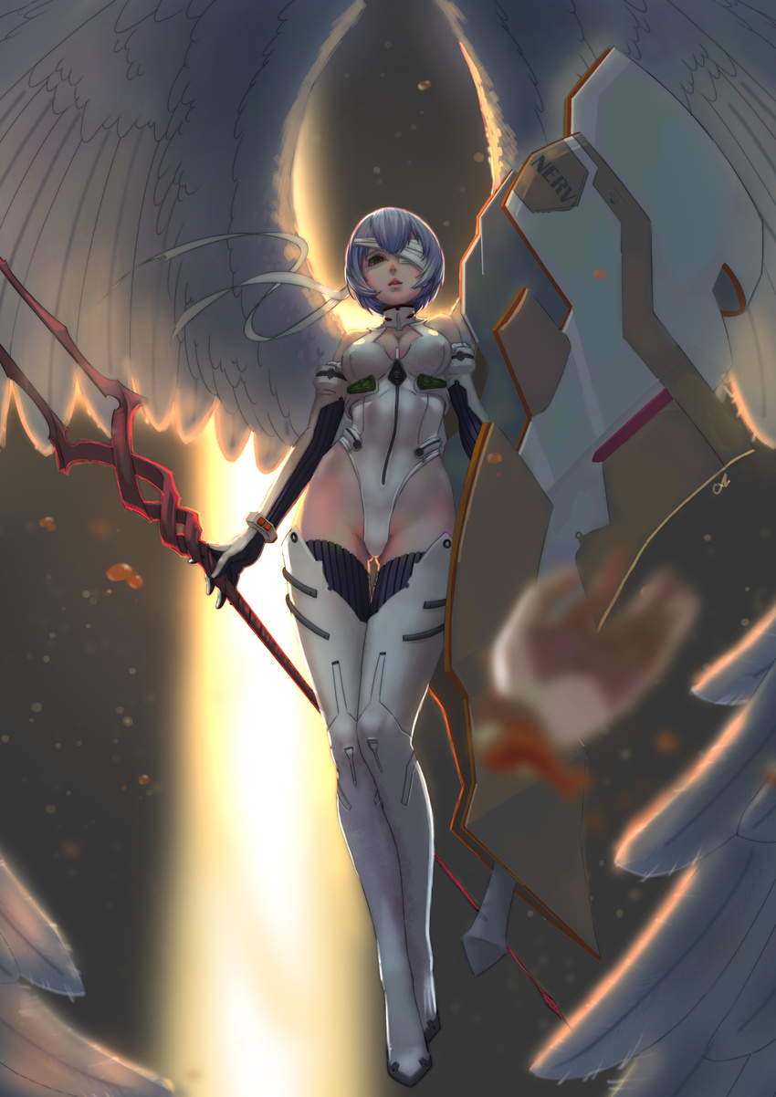 absurdres adapted_costume angel_wings ass_visible_through_thighs ayanami_rei backlighting bandage_over_one_eye bandages bangs bare_shoulders bident black_gloves blue_hair blurry boots bracer breasts chuxin_de_mao cleavage cleavage_cutout depth_of_field diffraction_spikes elbow_gloves floating gloves glowing groin halterneck highleg highleg_leotard highres holding holding_weapon lance_of_longinus legs_together leotard long_legs looking_at_viewer medium_breasts neon_genesis_evangelion nerv parted_lips pilot_suit plugsuit polearm rebuild_of_evangelion red_eyes solo thigh_boots thighhighs thighs turtleneck weapon white_footwear white_gloves white_legwear white_leotard white_wings wings