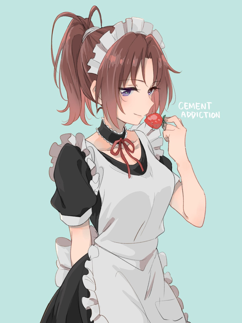 alternate_costume apron aqua_background arm_behind_back blush brown_hair choker collarbone cowboy_shot english enmaided food fruit hibike!_euphonium highres holding holding_food holding_fruit light_smile long_hair maid maid_apron maid_headdress monsieur nakagawa_natsuki purple_eyes ribbon school_uniform simple_background solo strawberry text_focus