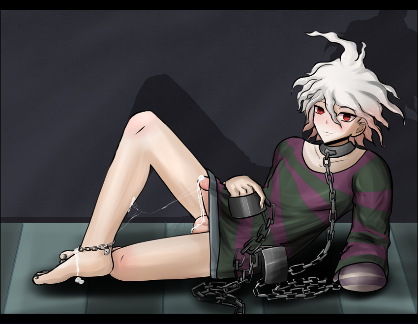 1boy anklet barefoot blackwidowx blush bondage bottomless chains collar corruption cum cum_on_feet danganronpa dirty_feet feet foot_fetish high_res komaeda_nagito leash male_only malesub penis red_eyes saliva servant_(danganronpa) shackles smirk toes zettai_zetsubou_shoujo