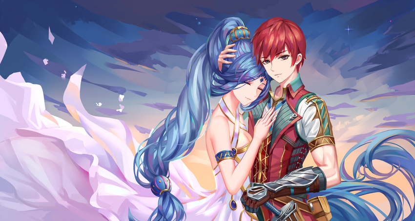 1girl aaeru adol_christin blue_hair brown_gloves closed_eyes collared_shirt cowboy_shot dana_(ys) dress facial_mark forehead_mark gloves grey_eyes highres hug long_hair looking_at_viewer red_hair shirt smile white_dress ys ys_viii_lacrimosa_of_dana