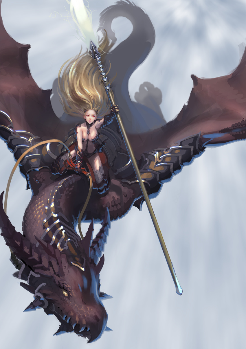 absurdres bad_id bad_pixiv_id blonde_hair breasts chuxin_de_mao dragon highres lance large_breasts long_hair original pike polearm red_eyes riding solo weapon