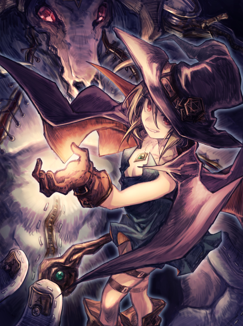 bangs black_dress black_hat blonde_hair boots brown_gloves cape commentary demon dress fang gloves hat hat_belt highres holding holding_staff jewelry leg_belt mephist-pheles original pendant pentagram red_eyes skull solo staff standing stitches tombstone witch witch_hat