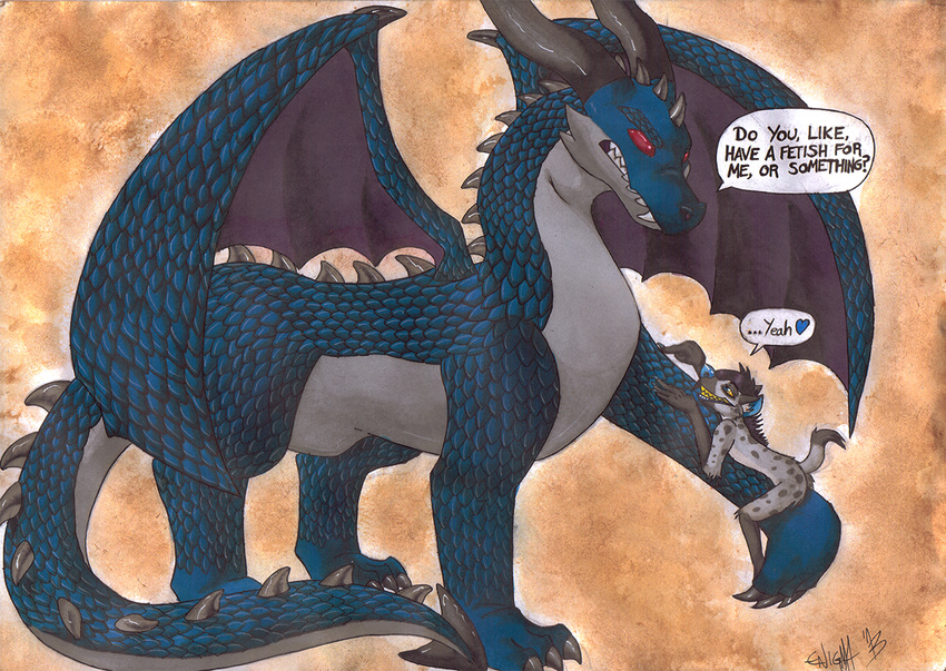 &lt;3 2013 anthro dialogue dragon duo english_text enigma feral horn humor hyena male mammal psychosocial red_eyes scalie size_difference spikes text western_dragon