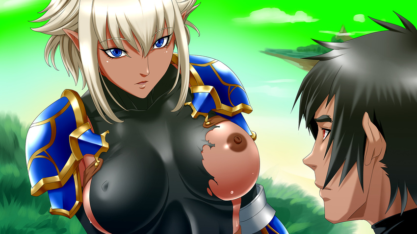 1girl areolae blonde_hair blue_eyes breasts dark_skin highres inja_no_kuruwa large_breasts looking_at_another nipples one_breast_out original outdoors parted_lips red_eyes short_hair shoulder_pads sweat torn_clothes upper_body