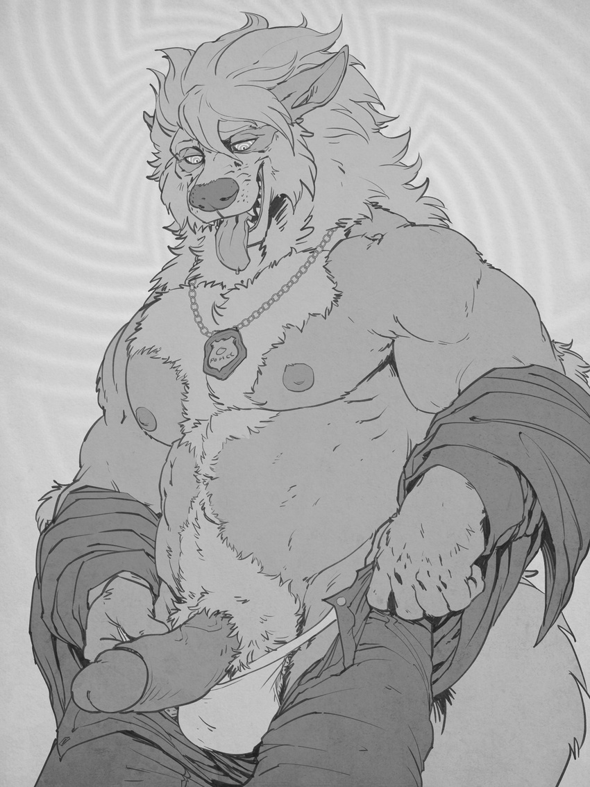 anthro anthrofied arcanine body_hair canine clothed clothing erection forge_(artist) glans greyscale happy_trail humanoid_penis looking_down male mammal mind_control monochrome musclegut nintendo nipples open_pants pecs pendant penis pok&eacute;mon poking_out police_officer pubes retracted_foreskin solo spiral_eyes thong tongue tongue_out topless uncut undressing vein veiny_penis video_games