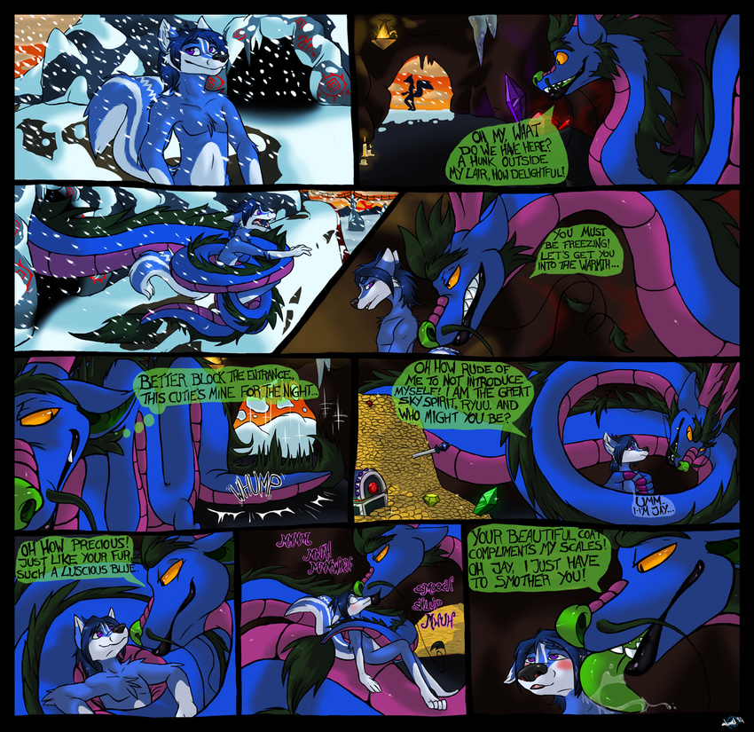 2014 anthro coiling comic dialogue dragon duo eastern_dragon english_text hoard invalid_color jay kissing licking macro male male/male mammal psychosocial ryuunosuke scalie sharp_teeth size_difference skunk slit_pupils smile smooch snow teeth text tongue tongue_out treasure_chest whiskers yellow_eyes