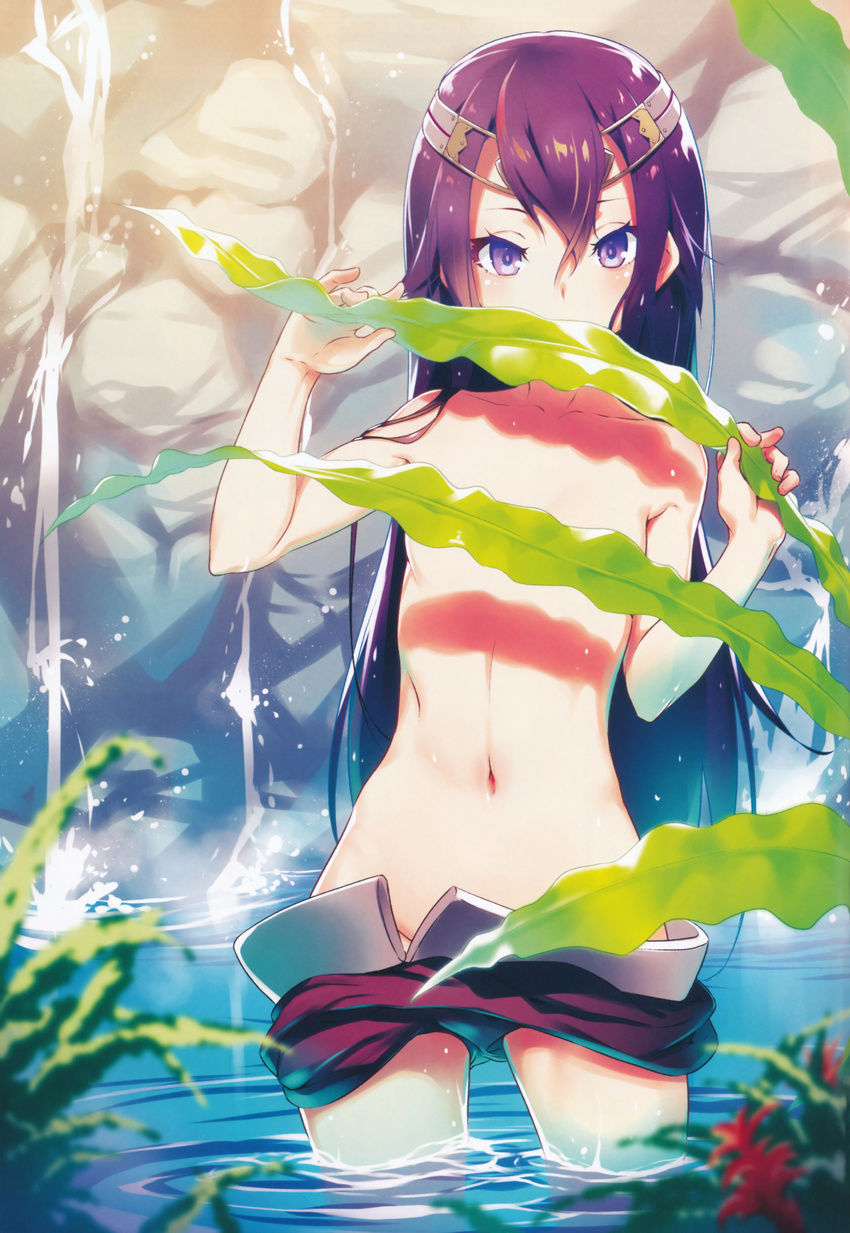 absurdres blue_hair blurry blush circlet collarbone colored_eyelashes convenient_censoring covered_mouth cowboy_shot day depth_of_field feoria_mahou_senki flat_chest gradient_hair highres holding legs_apart long_hair multicolored_hair navel nilitsu official_art outdoors plant pond purple_eyes purple_hair rock scan shade shiny shiny_skin solo standing stomach sunlight topless tsurime very_long_hair wading water water_drop waterfall