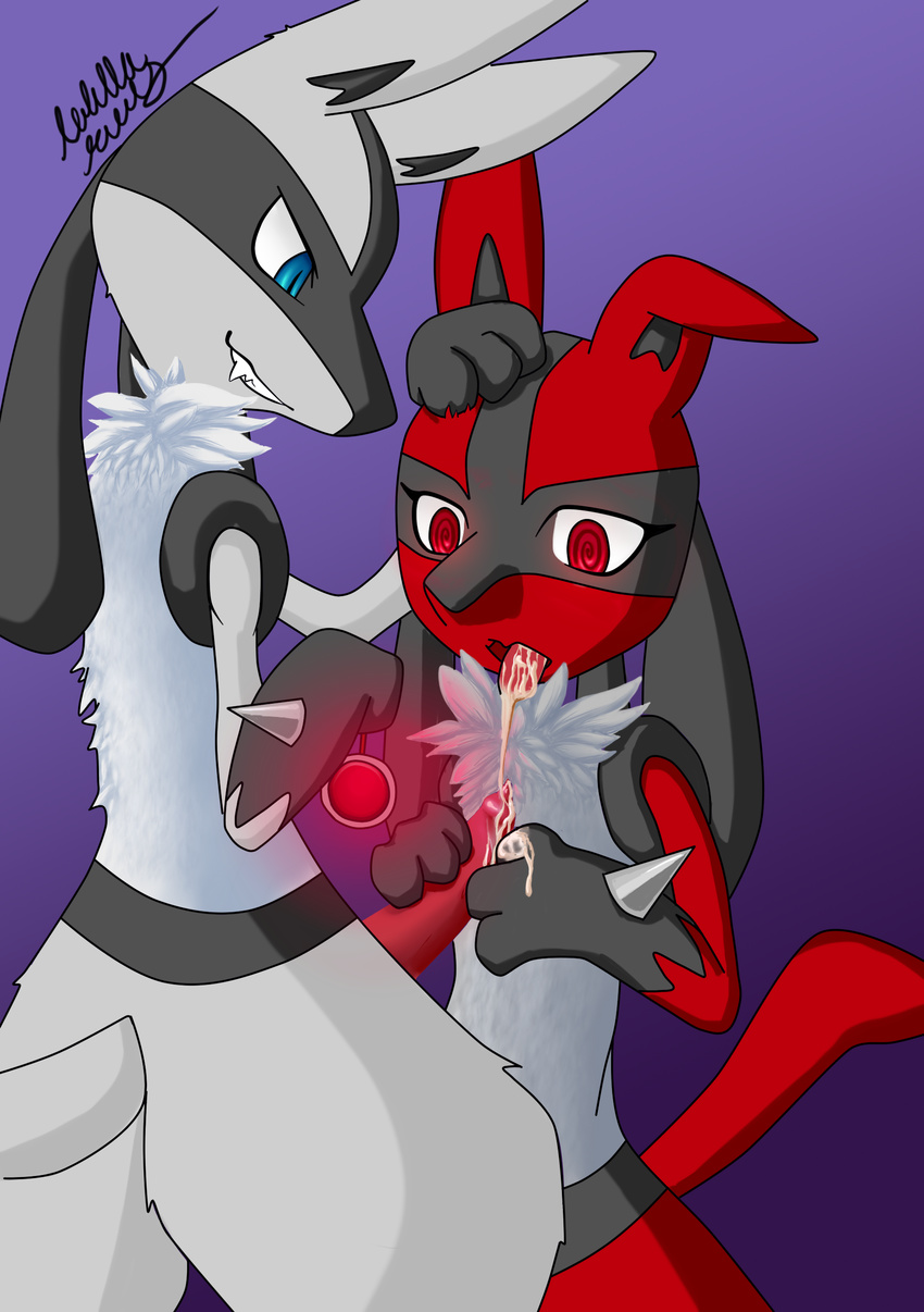 2016 animal_genitalia animal_penis anthro bed canine canine_penis collar cum digital_media_(artwork) domination drooling duo fur hypnosis lewdcario lucario mammal mind_control nintendo open_mouth penis pok&eacute;mon pseudo_clothing red_eyes red_fur saliva simple_background spiral_eyes submissive teeth tongue tongue_out video_games white_fur