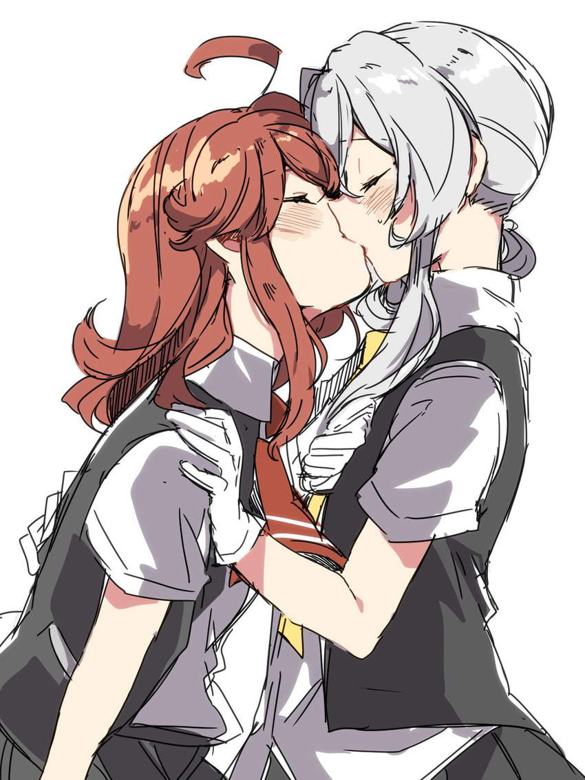 ahoge arashi_(kantai_collection) asymmetrical_hair blush closed_eyes couple gloves grey_skirt grey_vest hand_on_another's_shoulder highres kantai_collection kiss long_hair messy_hair multiple_girls nowaki_(kantai_collection) pleated_skirt red_hair school_uniform short_sleeves silver_hair sketch skirt takeshima_(nia) vest yuri