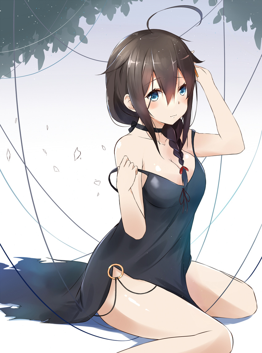 absurdres ahoge alternate_costume bare_shoulders blue_dress blue_eyes blush braid breasts brown_hair cleavage collarbone dress hair_between_eyes hair_flaps hair_over_shoulder hair_ribbon highres kantai_collection long_hair looking_at_viewer medium_breasts o-ring remodel_(kantai_collection) ribbon saku_(kudrove) shigure_(kantai_collection) side_slit single_braid sitting solo strap_slip thighs torn_clothes torn_dress tress_ribbon wavy_mouth