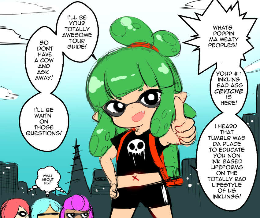 ! 4girls bike_shorts black_shirt born-to-die child cloud cowboy_shot domino_mask english fang inkling looking_at_viewer mask midriff multiple_girls navel nintendo outdoors pointy_ears shirt short_sleeves sky splatoon standing tentacle_hair thumbs_up