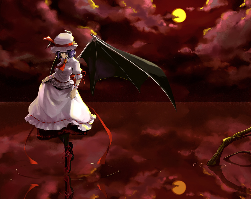 bat_wings cloud floating full_moon hat hat_ribbon highres holysnow moon night purple_hair red_eyes red_sky reflection remilia_scarlet ribbon ripples short_hair skirt_hold sky smile solo touhou water wings