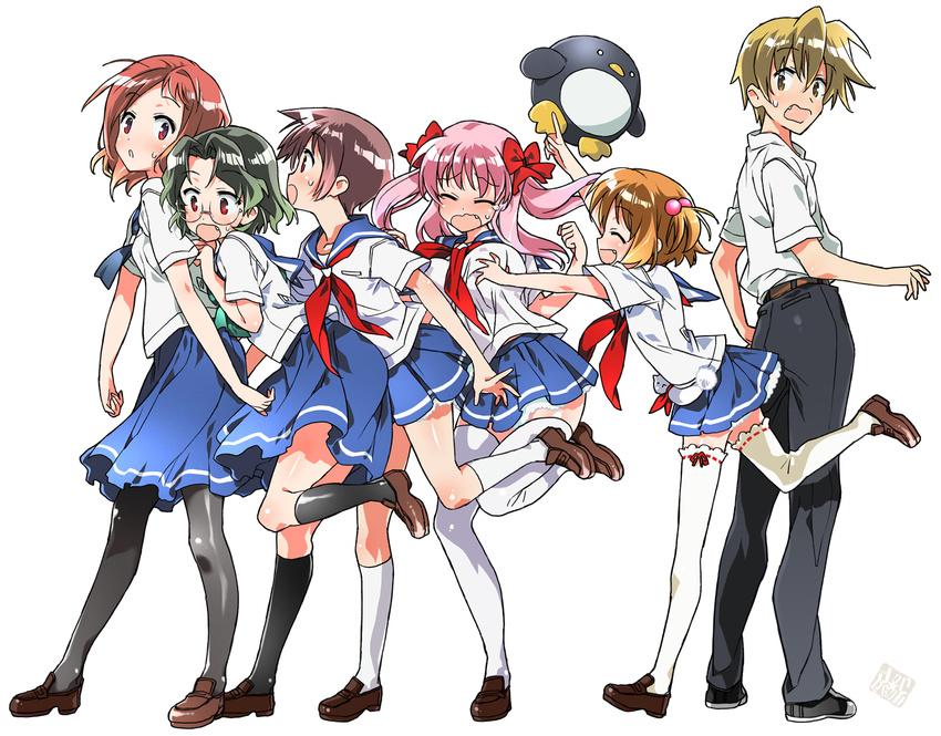 5girls bad_id bad_pixiv_id bow breast_grab breasts etopen fang glasses grabbing hair_bow haramura_nodoka kasuga_souichi kataoka_yuuki kiyosumi_school_uniform medium_breasts miyanaga_saki multiple_girls pantyhose pink_hair red_eyes ribbon saki school_uniform serafuku someya_mako stuffed_animal stuffed_toy suga_kyoutarou sweatdrop takei_hisa thighhighs twintails zettai_ryouiki