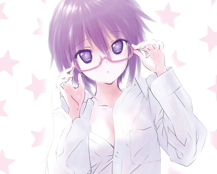 adjusting_eyewear akahige bangs dress_shirt glasses nagato_yuki purple_eyes purple_hair shirt short_hair solo suzumiya_haruhi_no_yuuutsu