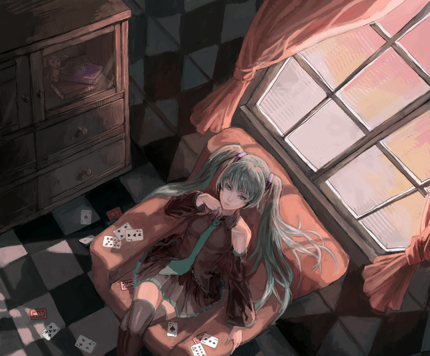 aqua_eyes aqua_hair card chin_rest crossed_legs from_above hatsune_miku long_hair lying_card necktie sitting skirt solo tanukiudon-umai thighhighs twintails vocaloid window zettai_ryouiki