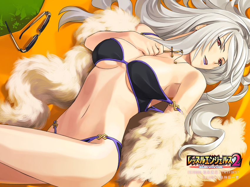 bangs bikini breasts cleavage copyright_name cross cross_necklace earrings eyewear_removed freia_kagami fuchida_kazuhiro fur grey_hair highres jewelry large_breasts lipstick long_hair makeup navel necklace official_art parted_lips purple_lipstick red_eyes silver_hair solo sunglasses swimsuit wrestle_angels wrestle_angels_survivor_2