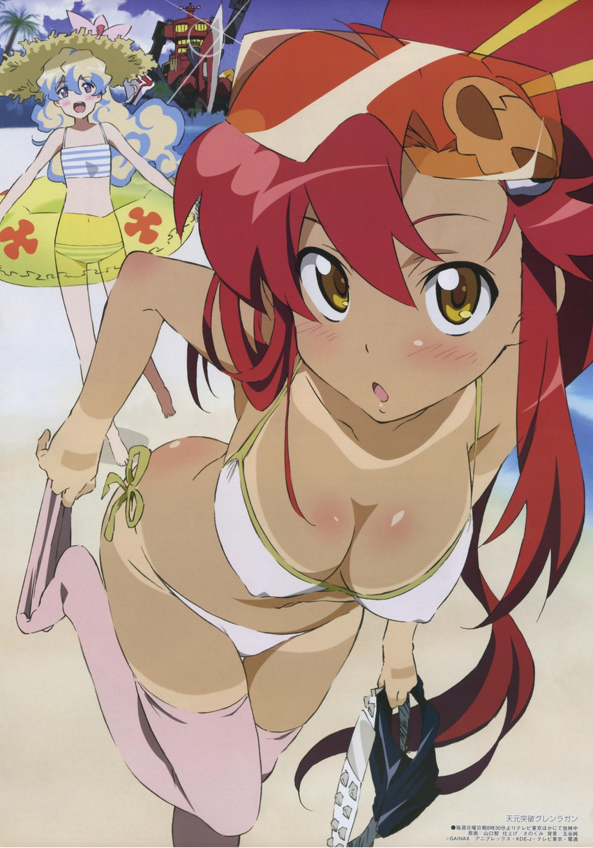 absurdres amber_eyes bare_feet barefoot belt bikini blonde_hair blue_eyes blue_hair blush blushing flat_chest gainax hat highres long_hair nia nia_teppelin pink_eyes red_hair redhead shorts striped stripes swimsuit tan tan_line tanned_skin tengen_toppa_gurren-lagann tengen_toppa_gurren_lagann thigh_highs thighhighs yellow_eyes yoko_littner yoko_ritona