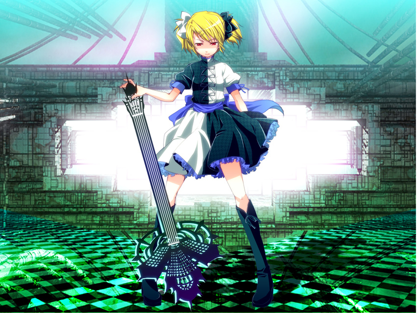 alternate_costume bad_id bad_pixiv_id blonde_hair bow dress electric_guitar guitar instrument kagamine_rin kagamine_rin_(roshin_yuukai/hard_rkmix) red_eyes roshin_yuukai_(vocaloid) solo twintails vocaloid yukako_(yunny)