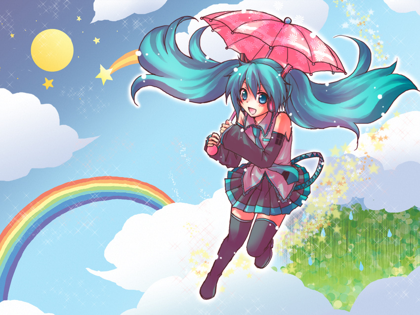 bad_id bad_pixiv_id blue_eyes blue_hair blush boots detached_sleeves happy hatsune_miku kousetsu long_hair melt_(vocaloid) moon necktie open_mouth rain rainbow shooting_star skirt solo star thighhighs twintails umbrella umbrella_riding vocaloid wallpaper zettai_ryouiki