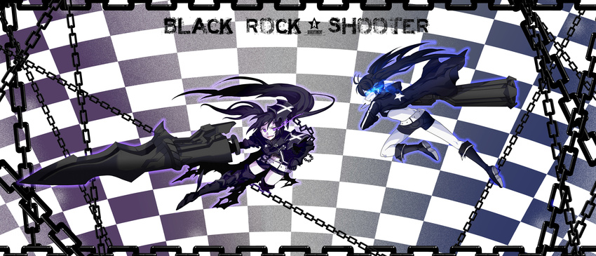 absurdres arm_cannon armor aura bad_id bad_pixiv_id battle belt bikini_top black_hair black_rock_shooter black_rock_shooter_(character) blue_eyes boots burning_eye chain checkered diverti duel fang flat_chest front-tie_top gauntlets greaves gun highres hood huge_weapon insane_black_rock_shooter jacket knee_boots long_hair midriff multiple_girls navel pale_skin purple_eyes scar shorts star sword thigh_boots thighhighs twintails uneven_twintails weapon