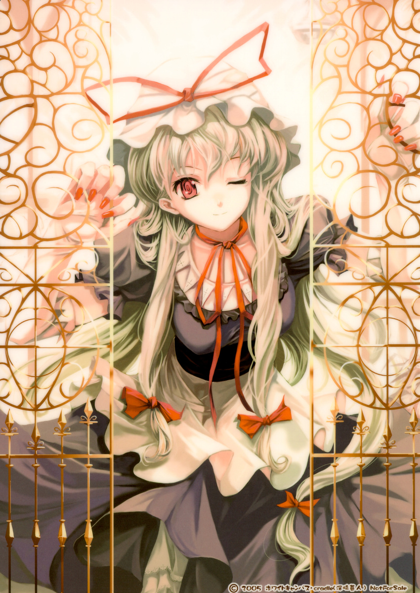 absurdres blonde_hair cradle_(artist) dress fingerless_gloves gate gloves highres long_hair misaki_kurehito nail_polish one_eye_closed orange_nails red_eyes ribbon scan smile solo touhou yakumo_yukari