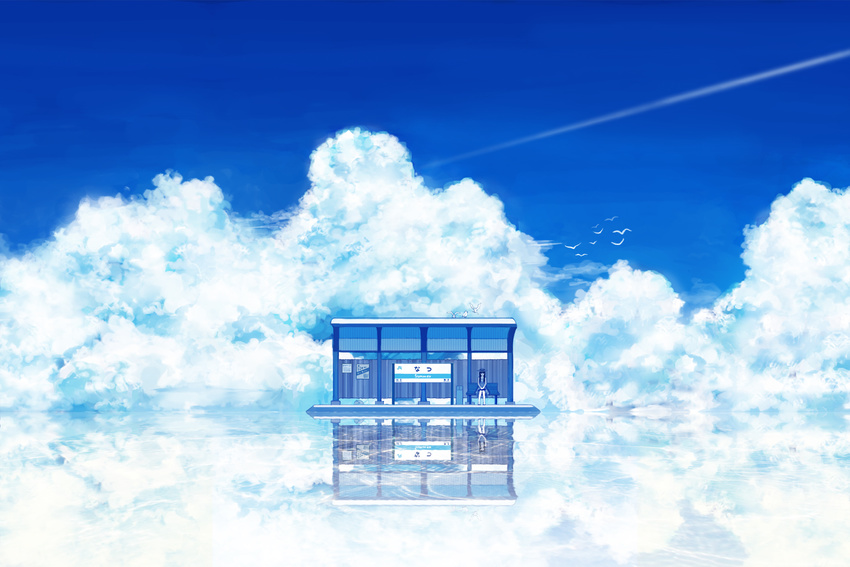 amemura_(caramelo) bird blue blue_sky cloud condensation_trail day hat highres landscape long_hair original outdoors reflection scenery seasons sitting sitting_on_bench sky solo summer train_station waiting water