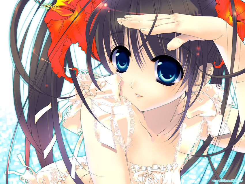 888 black_hair blue_eyes flower frills hibiscus lace ocean original ribbon solo twintails