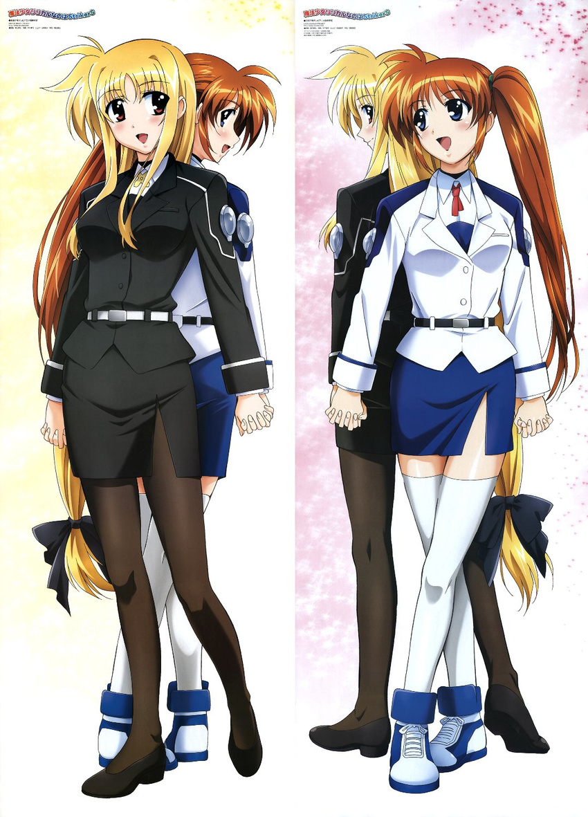 blonde_hair breasts brown_eyes brown_hair fate_testarossa hairband highres holding_hands interlocked_fingers long_hair low-tied_long_hair lyrical_nanoha mahou_shoujo_lyrical_nanoha_strikers medium_breasts military military_uniform multiple_girls okuda_yasuhiro pantyhose pencil_skirt purple_eyes skirt takamachi_nanoha thighhighs tsab_air_military_uniform tsab_executive_military_uniform uniform very_long_hair zettai_ryouiki