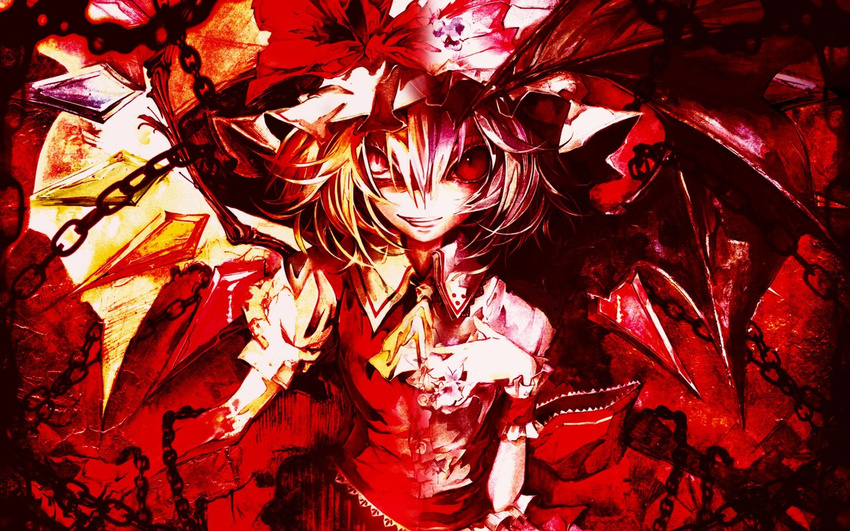 1girl asymmetrical_wings banpai_akira bat_wings blonde_hair blood blue_hair bow chain chains clothed clothing drake117 drake117(artist) dress evil_grin fang female flandre_scarlet fusion hair hat hybrid looking_at_viewer nightmare_fuel photoshop rape_face red_eyes remilia_scarlet ribbon short_hair sibling sisters smile solo split_image touhou undead vampire video_games wallpaper wings wrist_cuffs