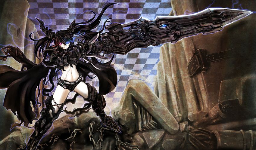 armor belt black_hair black_rock_shooter boots chain gauntlets greaves heterochromia highres huge_weapon insane_black_rock_shooter ledjoker07 long_hair midriff purple_eyes scar shorts solo thigh_boots thighhighs weapon