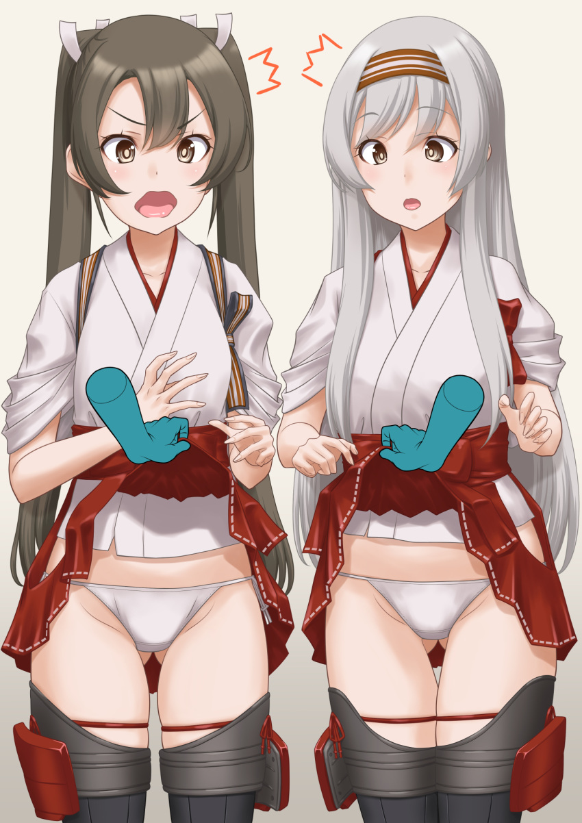 2girls blush brown_eyes clothes_lift commentary_request eyebrows_visible_through_hair green_eyes green_hair hair_ribbon hairband hakama highres japanese_clothes kantai_collection kimono lifted_by_another long_hair multiple_girls open_mouth panties red_hakama ribbon shoukaku_(kancolle) silver_hair simple_background skirt skirt_lift t2r twintails underwear white_kimono white_panties white_ribbon zuikaku_(kancolle)