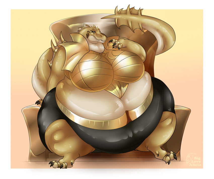 anthro aziza belly big_belly big_breasts biglovealicia breasts chair clothed clothing deity dinosaur egyptian female hi_res jewelry markings midriff obese overweight ring sitting slit_pupils solo spinosaurus theropod throne toe_ring wide_hips yellow_eyes