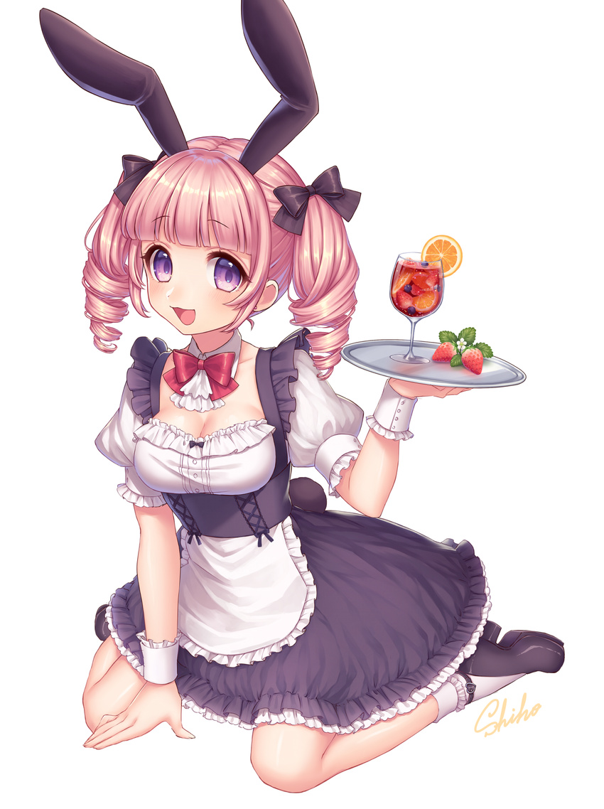 1girl :3 :d animal_ears apron artist_name blueberry bow bowtie breasts bunny_ears bunny_tail cleavage cocktail cocktail_glass cup detached_collar dress drill_hair drinking_glass eyebrows eyebrows_visible_through_hair fake_animal_ears food frilled_dress frilled_sleeves frills fruit full_body hair_bow highres holding holding_tray leaf long_hair maid medium_breasts open_mouth orange original pink_hair puffy_short_sleeves puffy_sleeves purple_eyes sakura_shiho_(shihoncake) shoes short_sleeves simple_background sitting smile socks solo strawberry tail tray twin_drills twintails underbust wariza white_background white_legwear wrist_cuffs