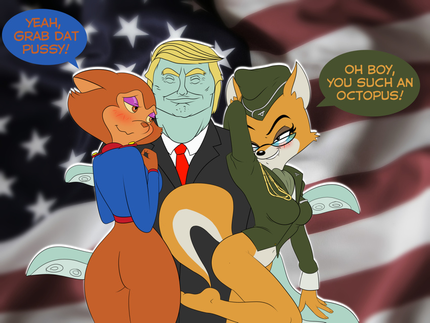 2016 anthro black_eyes blonde_hair blush breasts brown_eyes butt clothed clothing donald_trump eyelashes eyes_closed eyewear female flag fur glasses hair half-closed_eyes hat lt._fox_vixen makeup male metalslayer military_uniform orange_fur pamela_bondani patrol_03 police_uniform politics smile squirrel_and_hedgehog stars_and_stripes suit uniform united_states_of_america 여우장교