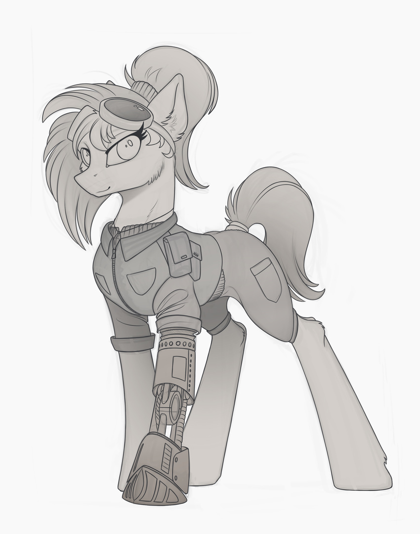 clothed clothing equine eyelashes fan_character female feral fur goggle greyscale hair hooves mammal monochrome my_little_pony prosthetic simple_background sketch smile solo white_background yakovlev-vad