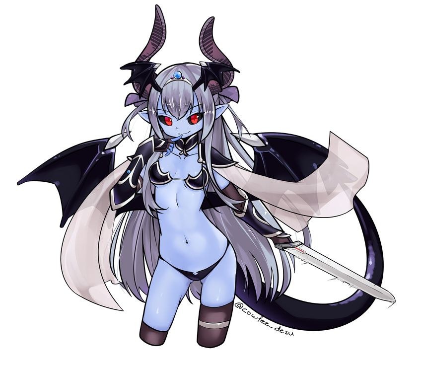 &gt;:) armor asymmetrical_horns asymmetrical_legwear bikini_armor black_sclera blue_skin breasts brown_gloves brown_legwear collarbone commentary contrapposto cosplay cowfee cropped_legs crossover demon_girl demon_horns demon_tail demon_wings devil_(monster_girl_encyclopedia) elbow_gloves elizabeth_bathory_(brave)_(fate) elizabeth_bathory_(brave)_(fate)_(cosplay) elizabeth_bathory_(fate)_(all) fate/grand_order fate_(series) finger_to_mouth fingerless_gloves gloves hair_ribbon head_wings highres horns jewelry long_hair looking_at_viewer monster_girl_encyclopedia navel pauldrons petite pointy_ears red_eyes ribbon silver_hair silver_trim simple_background small_breasts smile solo standing swinging sword tail thighhighs two_side_up v-shaped_eyebrows vambraces very_long_hair weapon white_background wings