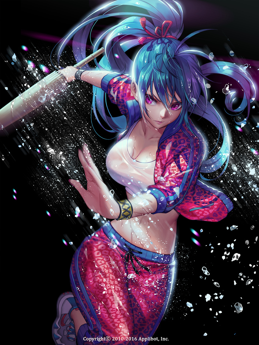 blue_hair breasts cleavage closed_umbrella collarbone dated furyou_michi_~gang_road~ hair_ornament highres holding holding_umbrella large_breasts long_hair midriff navel oyamada_isane purple_eyes shirt solo soo_kyung_oh umbrella water_drop wet white_shirt